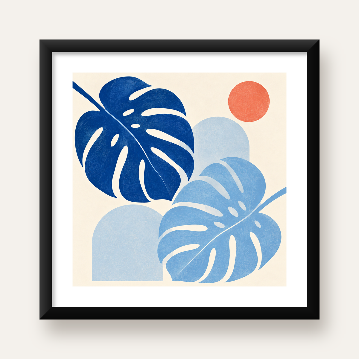 Soyut Yaprak ve Güneş Minimalist Poster – Modern Dijital Baskı — Kare baskı, beyaz paspartulu