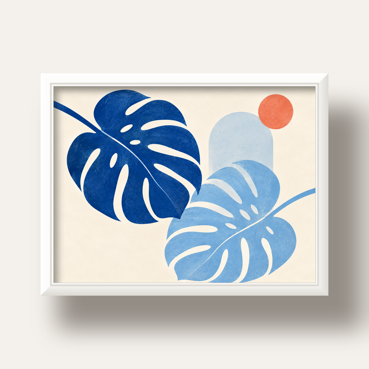 Soyut Yaprak ve Güneş Minimalist Poster – Modern Dijital Baskı — beyaz derin çerçeveli