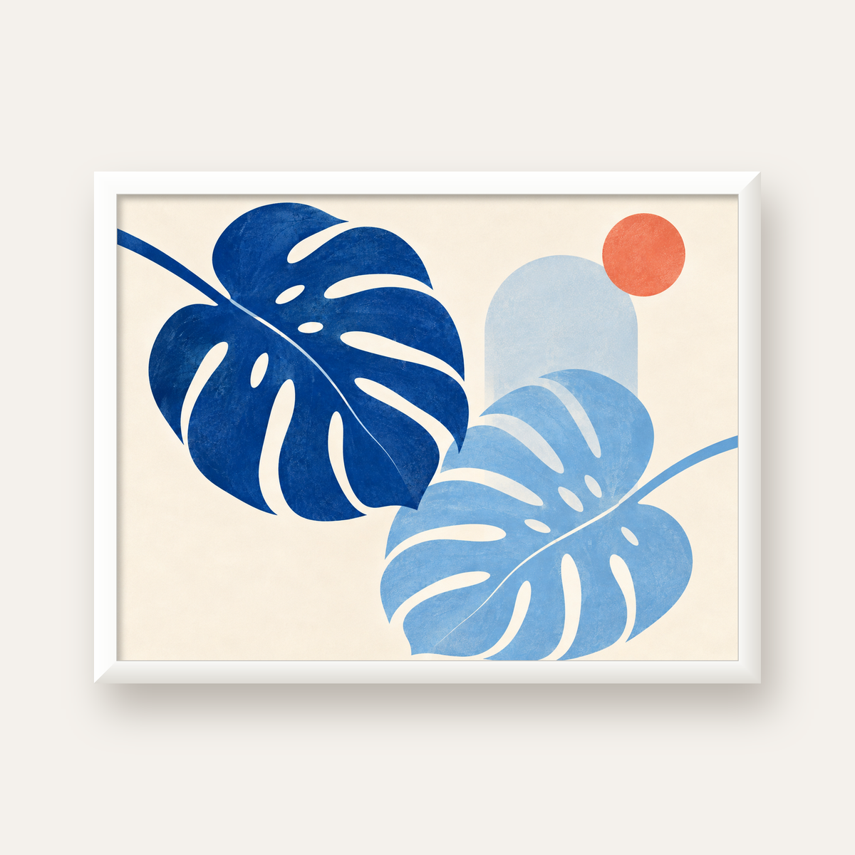 Soyut Yaprak ve Güneş Minimalist Poster – Modern Dijital Baskı — beyaz çerçeveli yatay poster