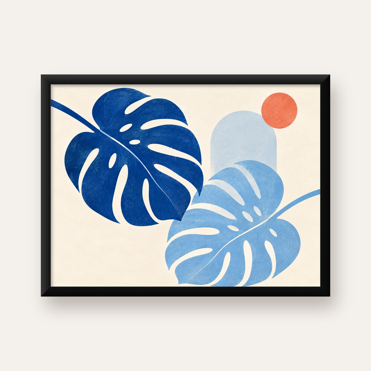 Soyut Yaprak ve Güneş Minimalist Poster – Modern Dijital Baskı — Yatay baskı, düz siyah çerçeveli duvar posteri