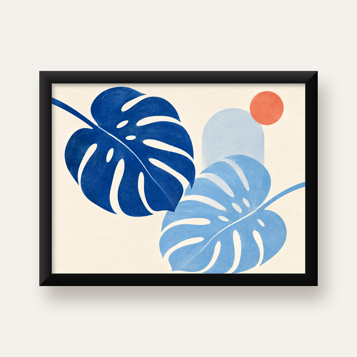 Soyut Yaprak ve Güneş Minimalist Poster – Modern Dijital Baskı — Yatay baskı, düz siyah çerçeveli duvar posteri