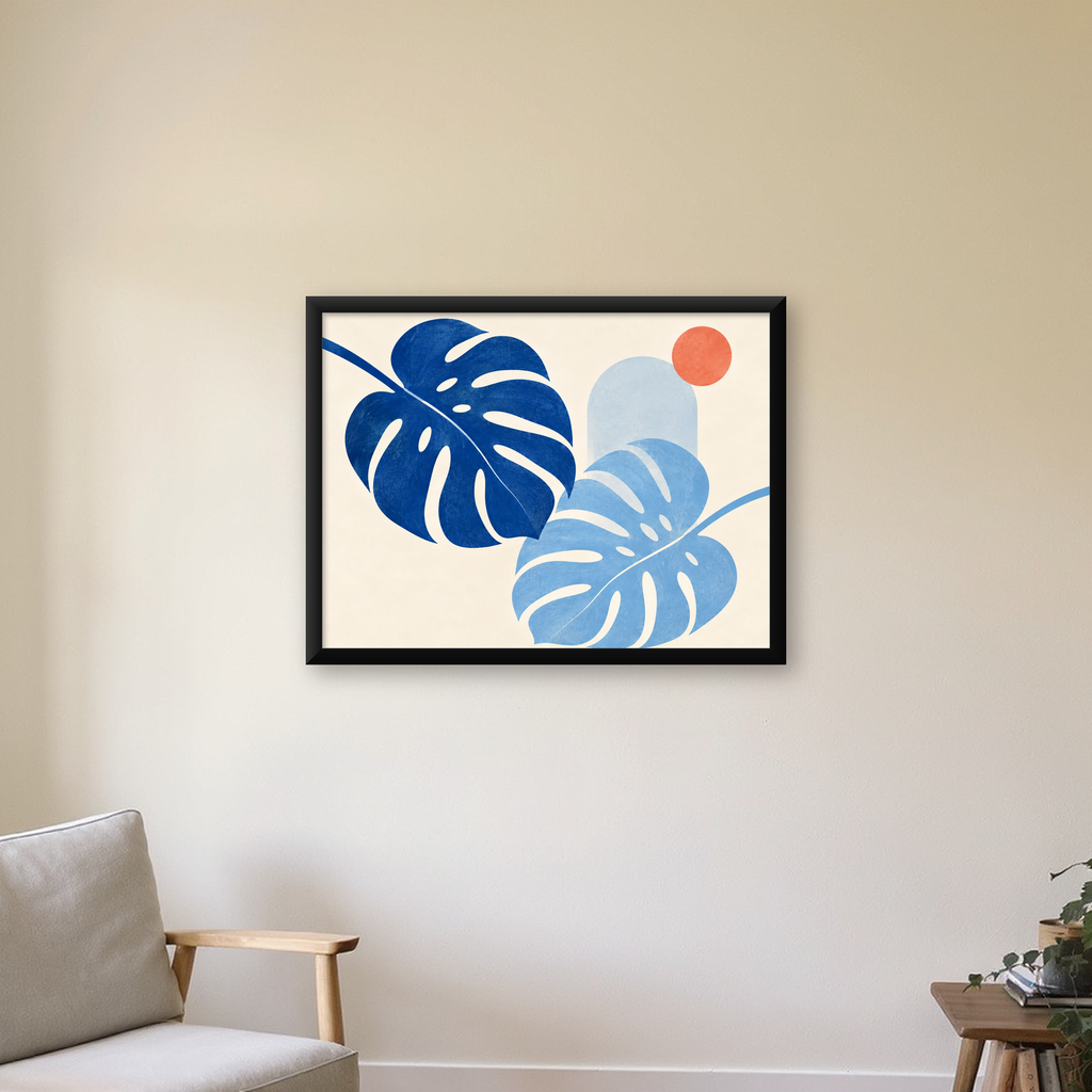 Soyut Yaprak ve Güneş Minimalist Poster – Modern Dijital Baskı — Yatay baskı, çerçeveli hâliyle bir ev duvarında