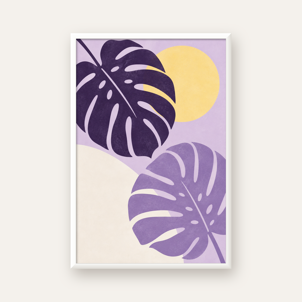 Mor Monstera Yaprakları ve Güneş Dijital Poster — beyaz çerçeveli dikey poster