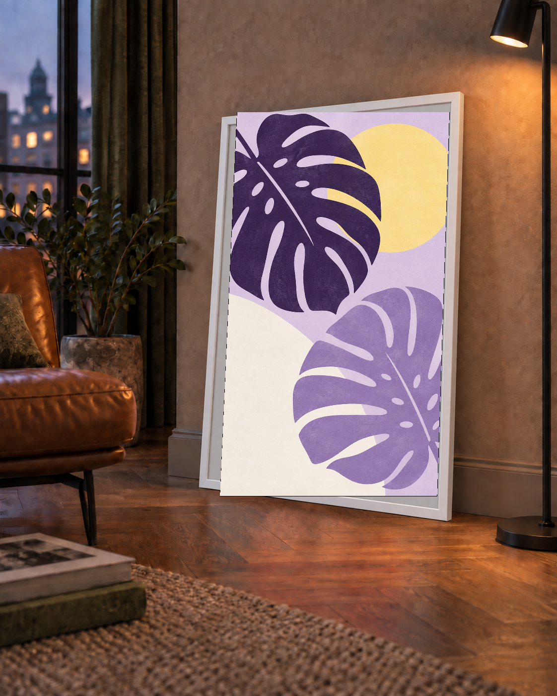 Mor Monstera Yaprakları ve Güneş Dijital Poster