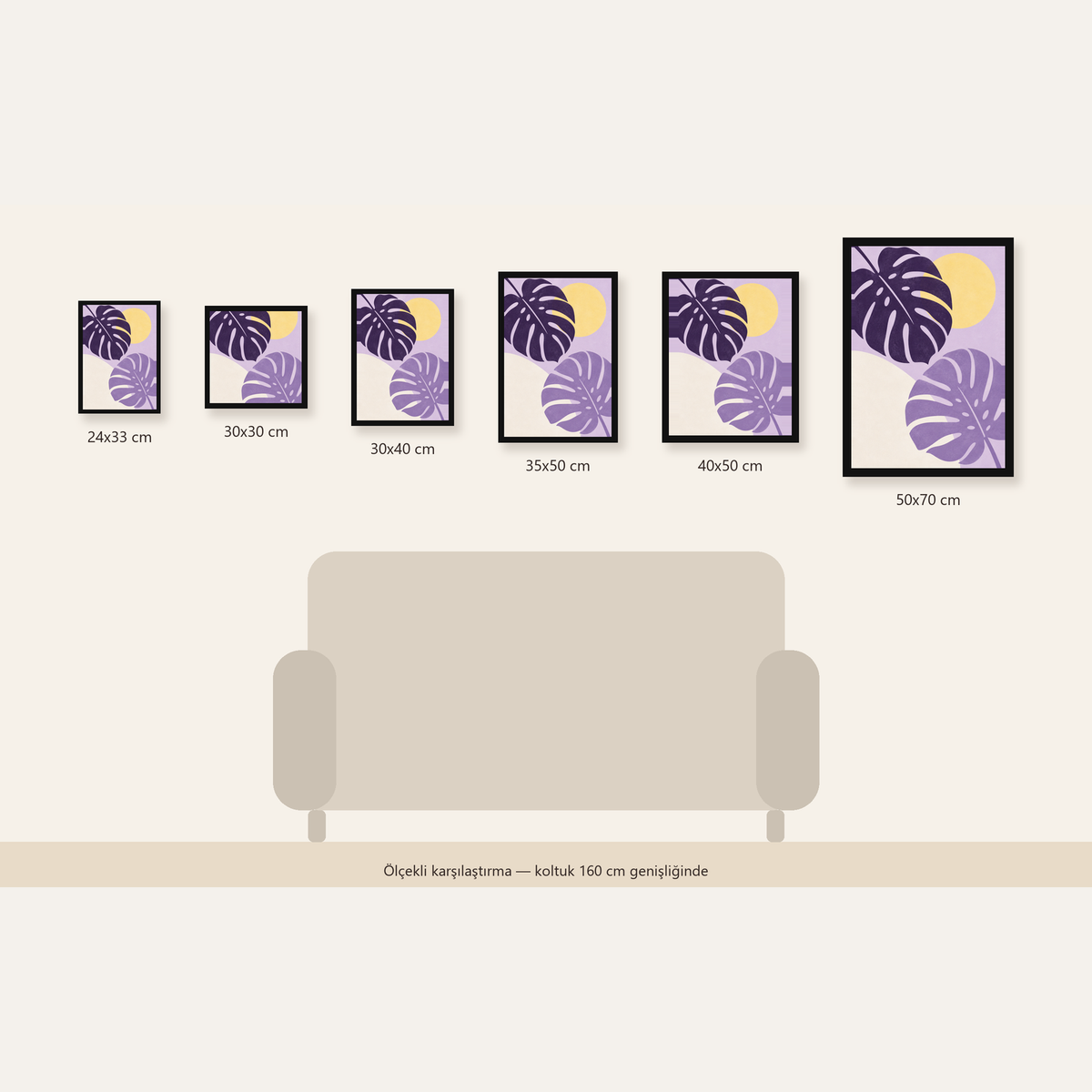 Mor Monstera Yaprakları ve Güneş Dijital Poster — Dikey ölçülerinin karşılaştırması