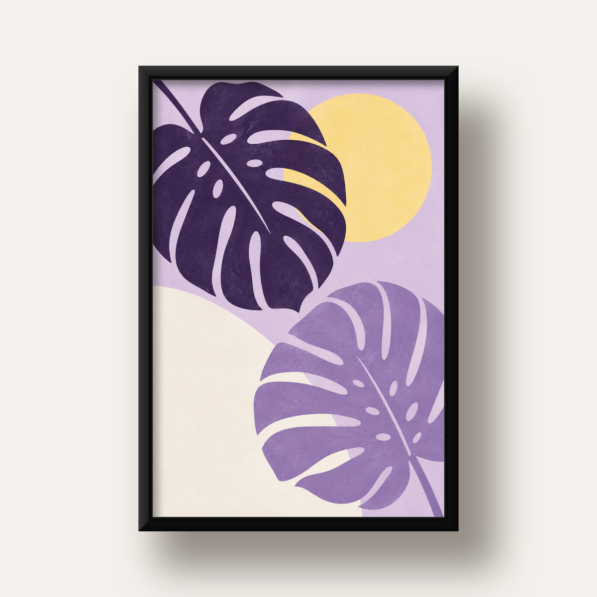 Mor Monstera Yaprakları ve Güneş Dijital Poster — siyah derin çerçeveli