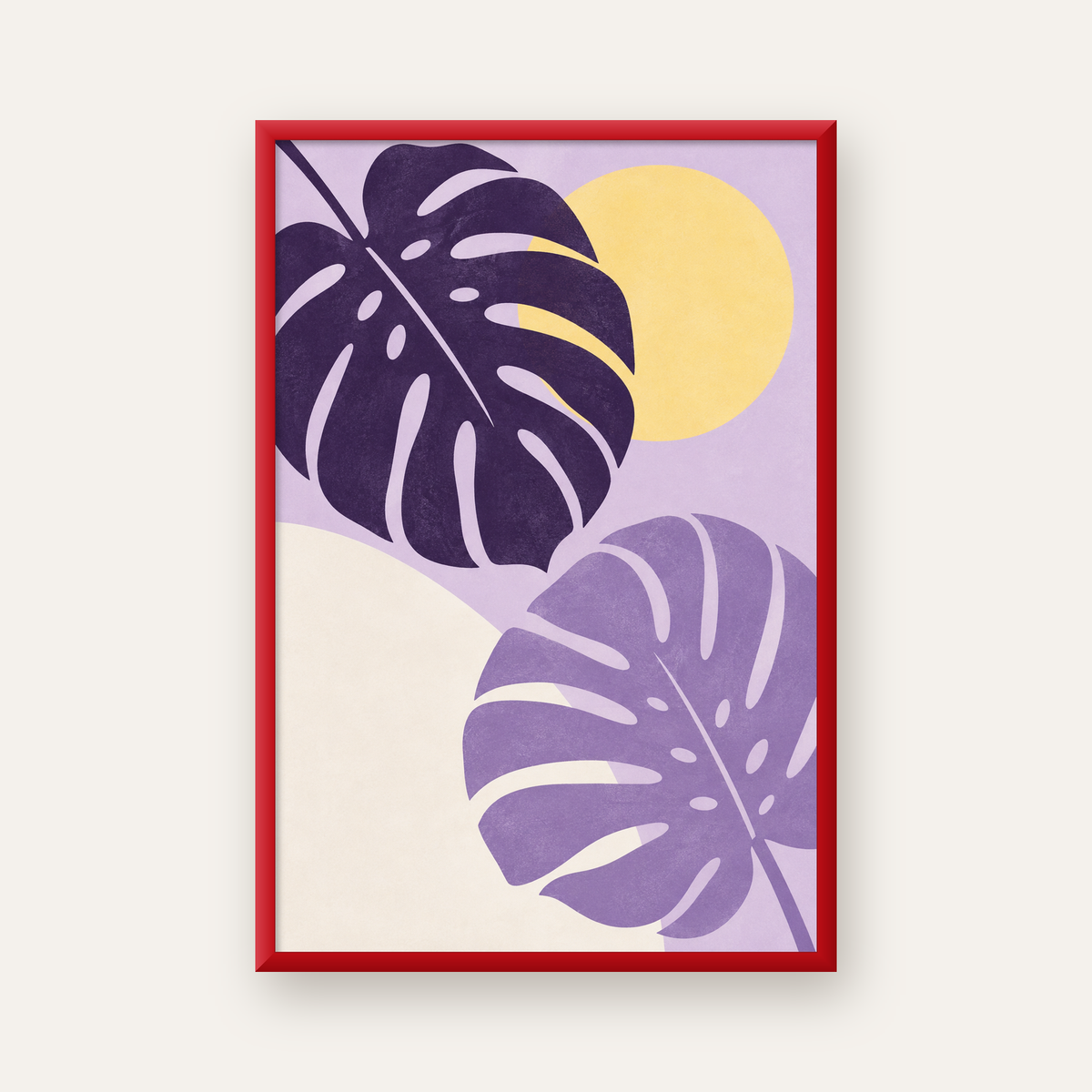 Mor Monstera Yaprakları ve Güneş Dijital Poster — kırmızı çerçeveli