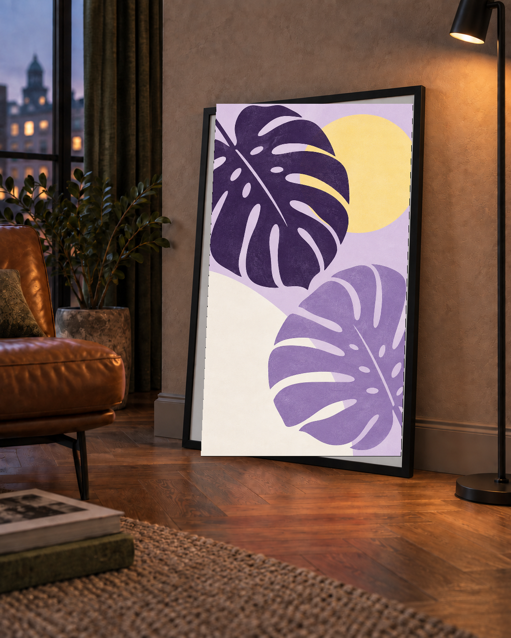 Mor Monstera Yaprakları ve Güneş Dijital Poster