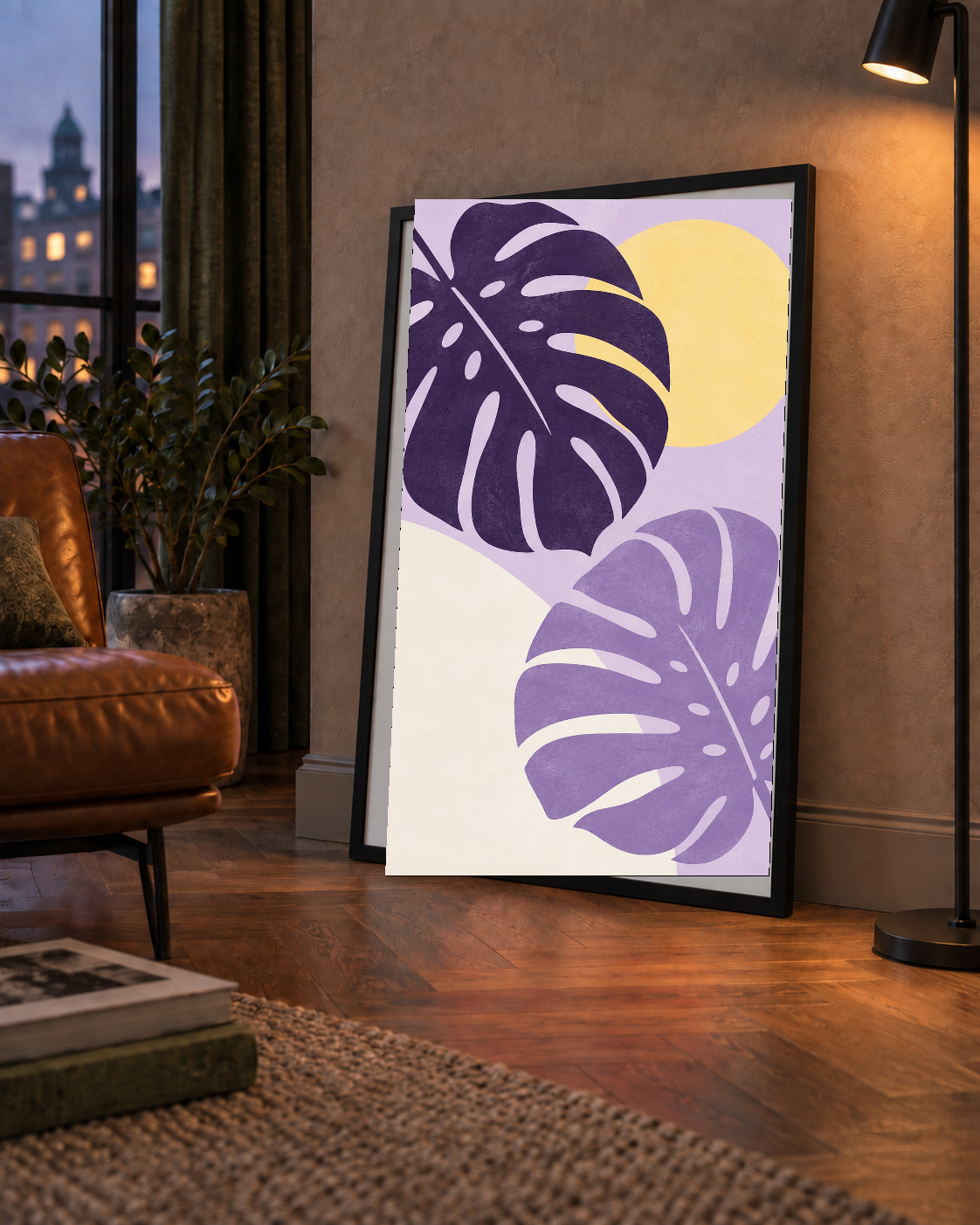 Mor Monstera Yaprakları ve Güneş Dijital Poster
