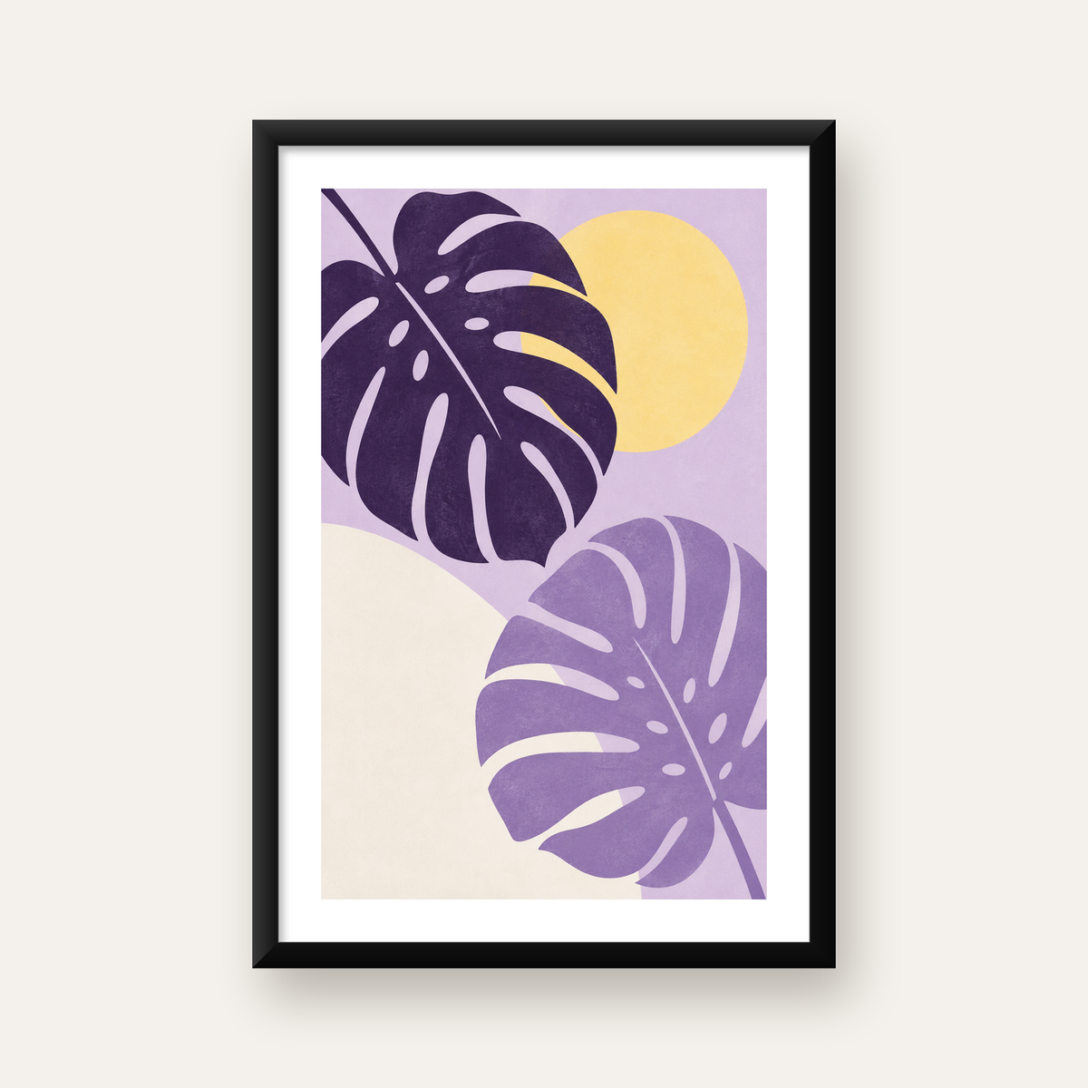 Mor Monstera Yaprakları ve Güneş Dijital Poster — Dikey baskı, beyaz paspartulu