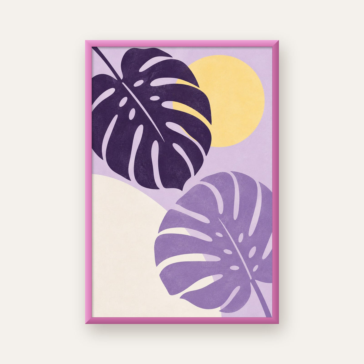 Mor Monstera Yaprakları ve Güneş Dijital Poster — pembe çerçeveli