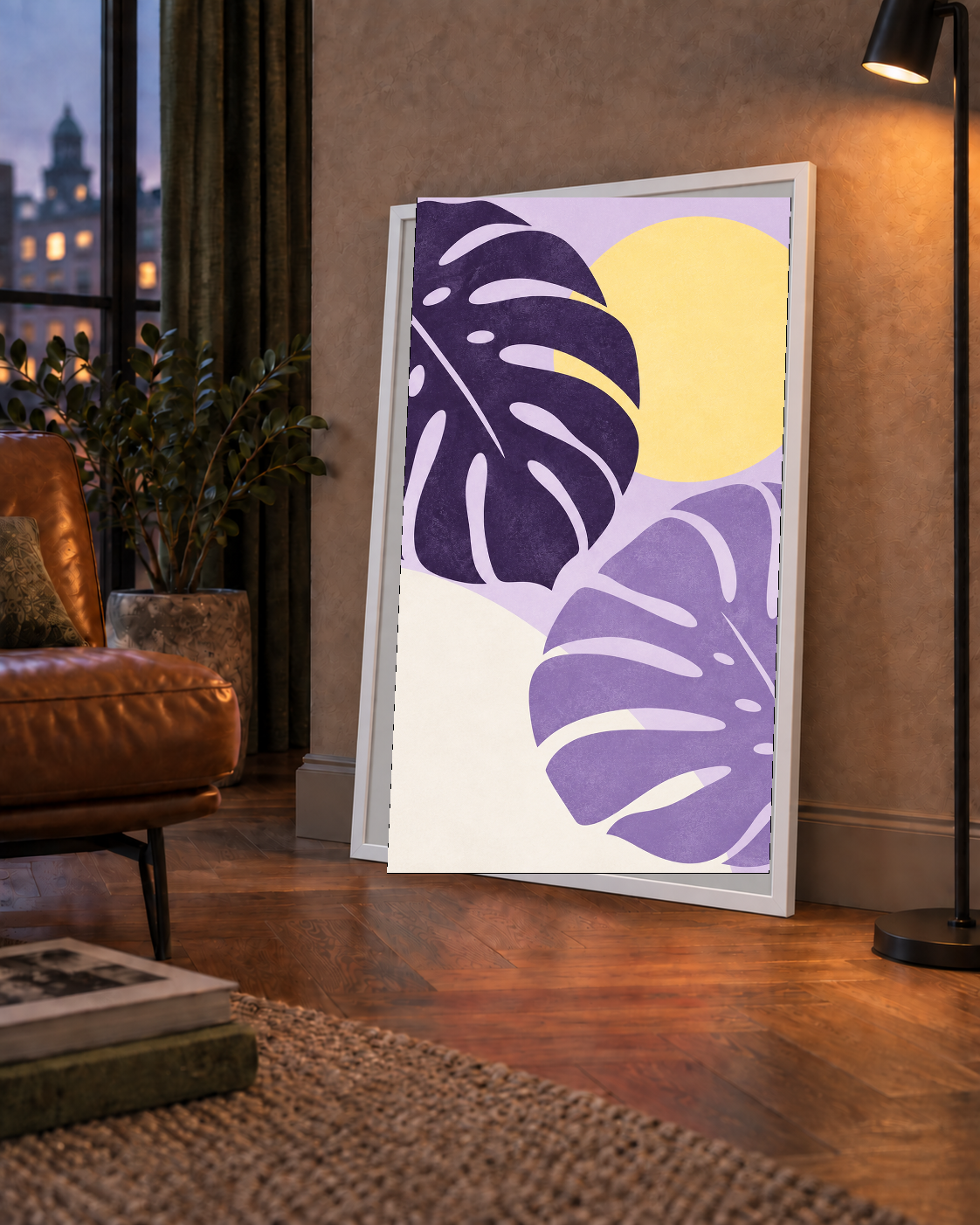 Mor Monstera Yaprakları ve Güneş Dijital Poster