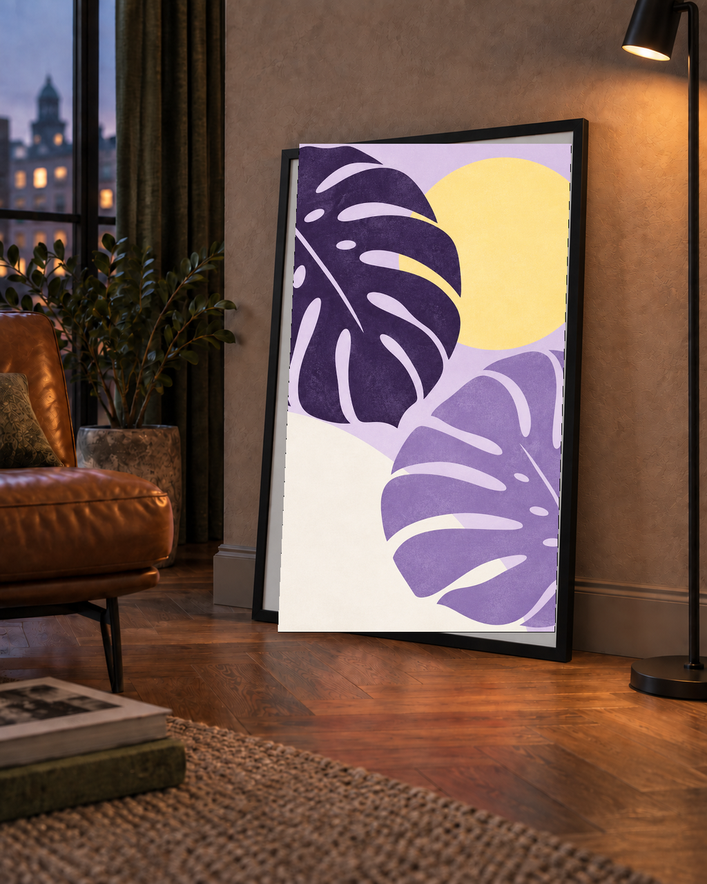 Mor Monstera Yaprakları ve Güneş Dijital Poster