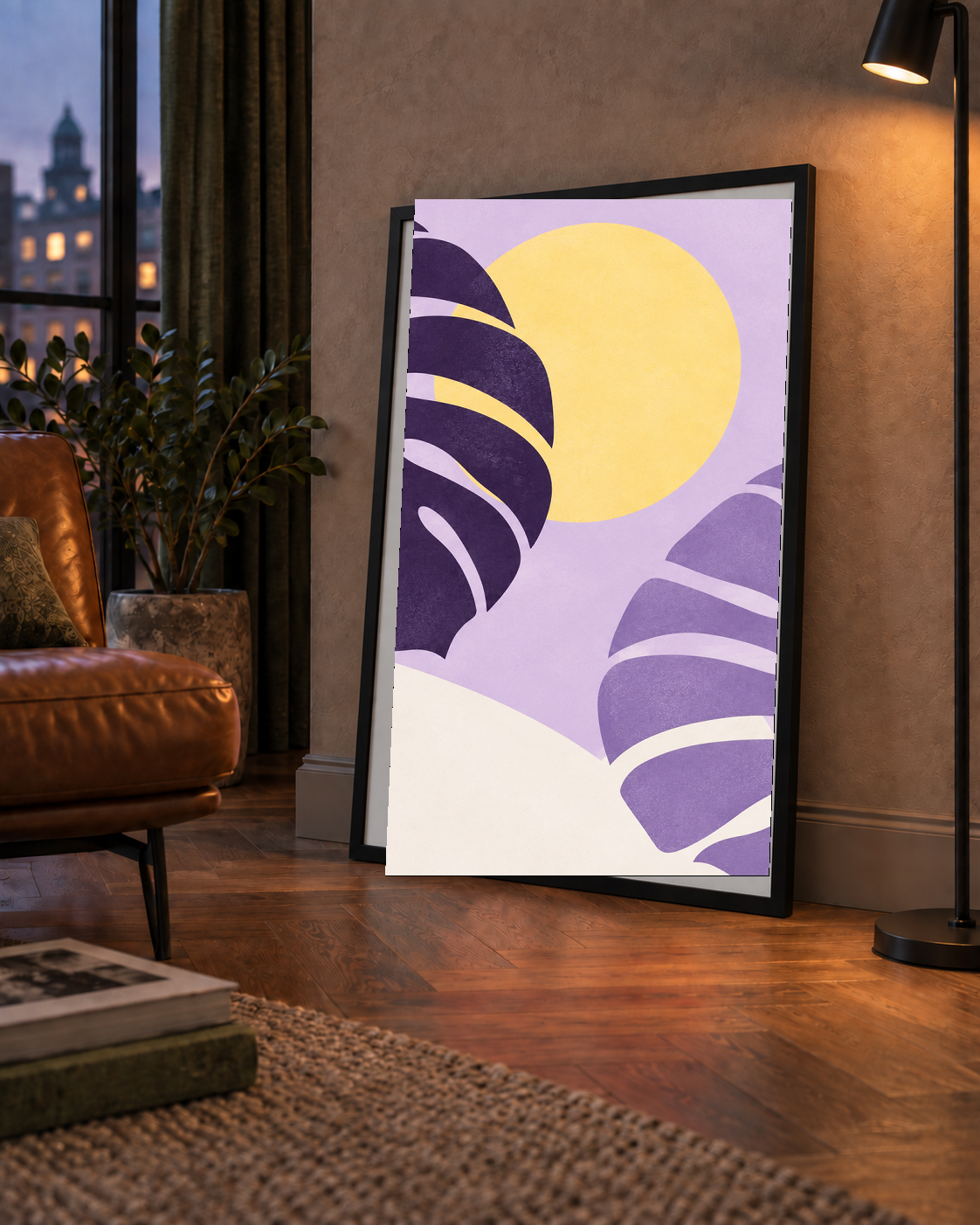 Mor Monstera Yaprakları ve Güneş Dijital Poster