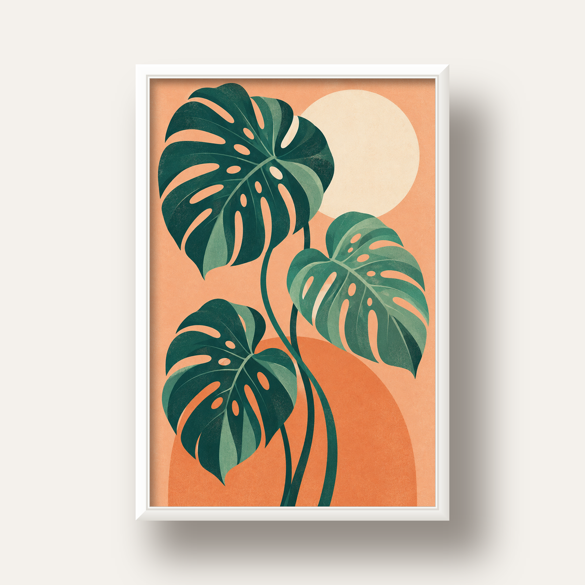 Monstera Yaprakları Minimal Dijital Poster – Modern Bitki Sanatı — beyaz derin çerçeveli