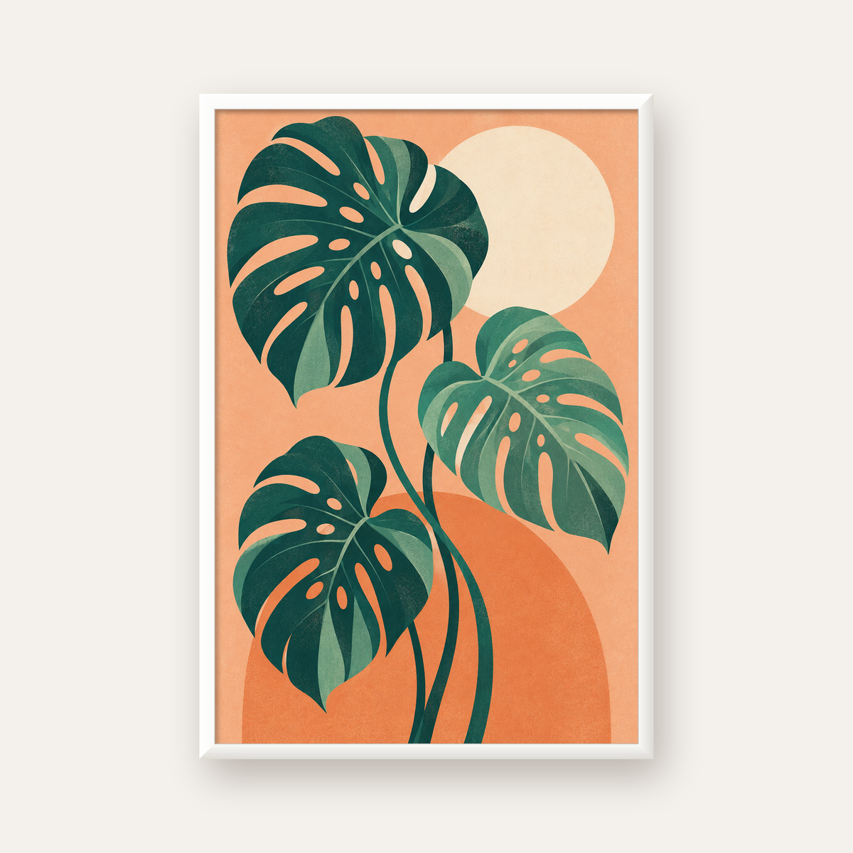 Monstera Yaprakları Minimal Dijital Poster – Modern Bitki Sanatı — beyaz çerçeveli dikey poster