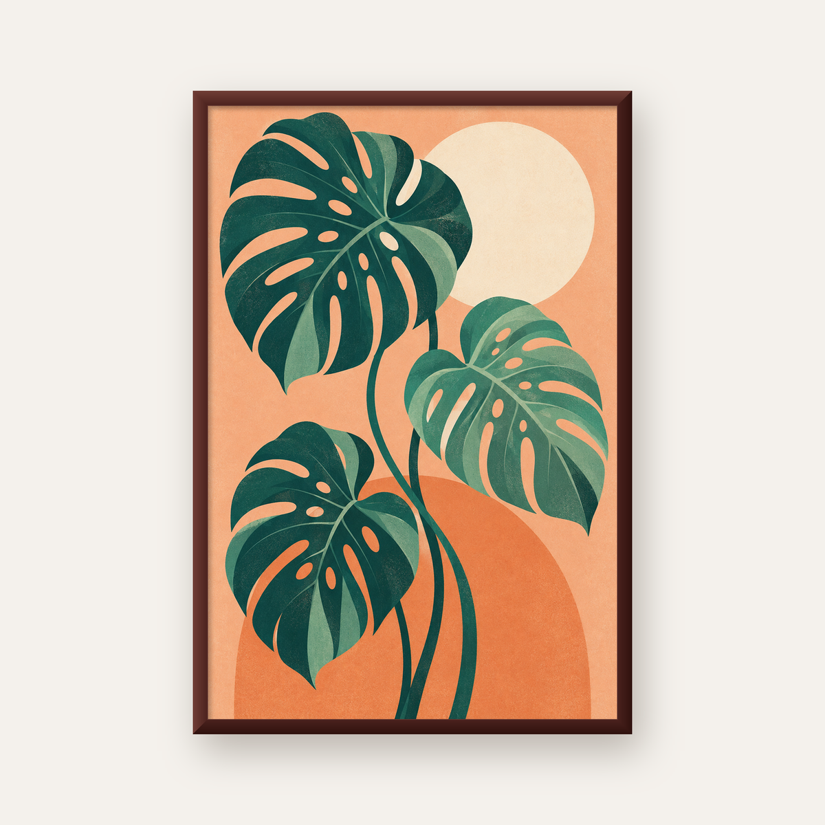 Monstera Yaprakları Minimal Dijital Poster – Modern Bitki Sanatı — ceviz çerçeveli