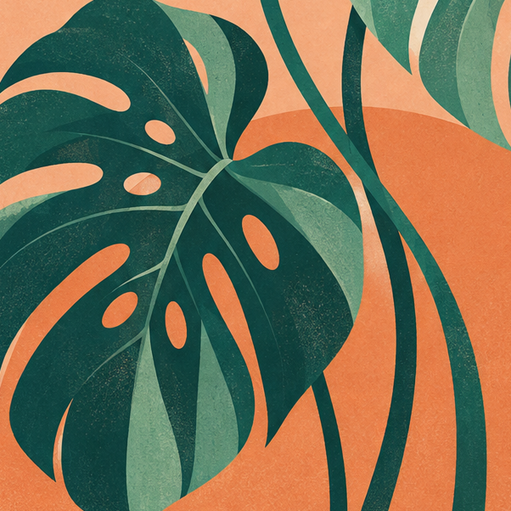 Monstera Yaprakları Minimal Dijital Poster – Modern Bitki Sanatı — baskının yakın çekimi, kâğıt dokusu ve renk detayı