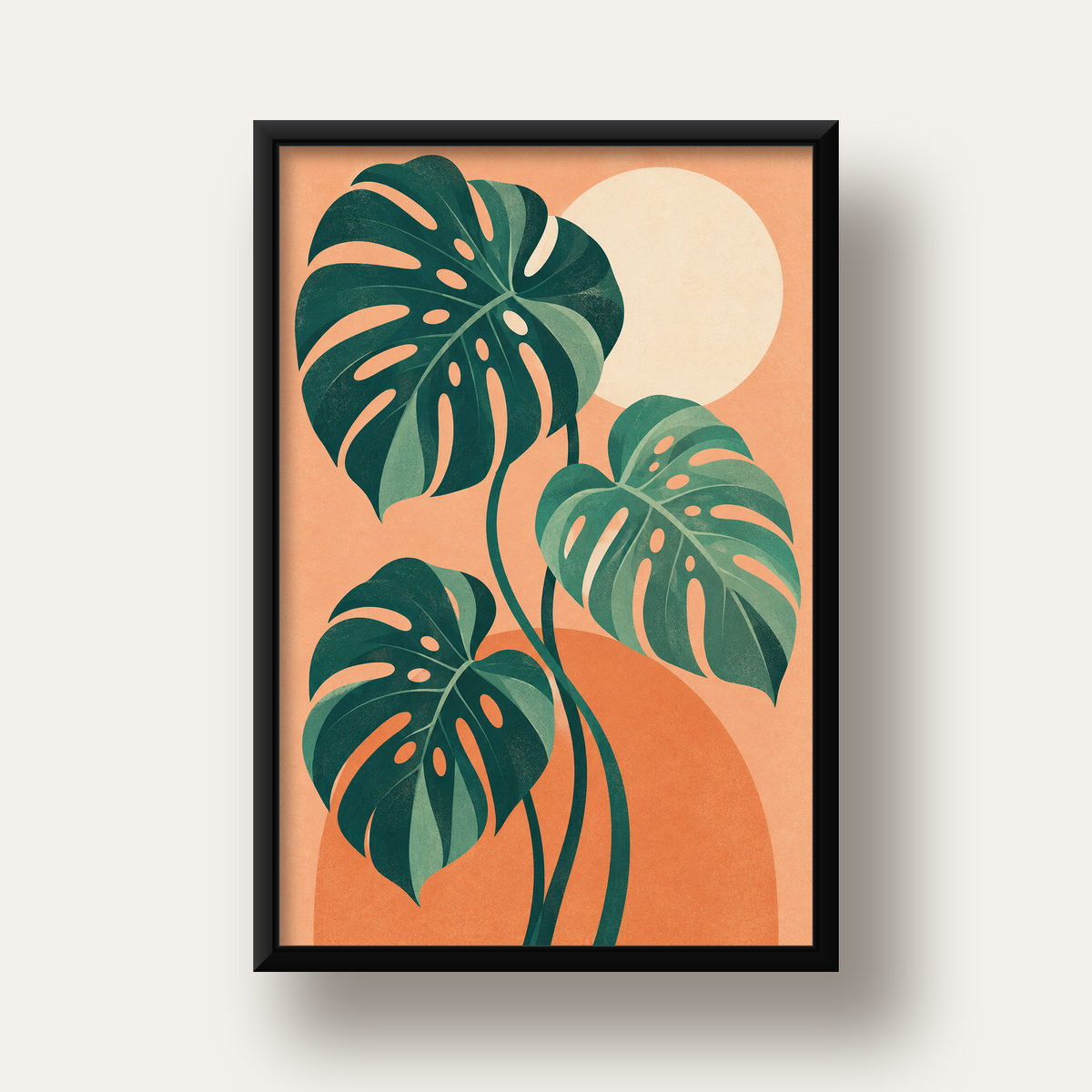 Monstera Yaprakları Minimal Dijital Poster – Modern Bitki Sanatı — siyah derin çerçeveli