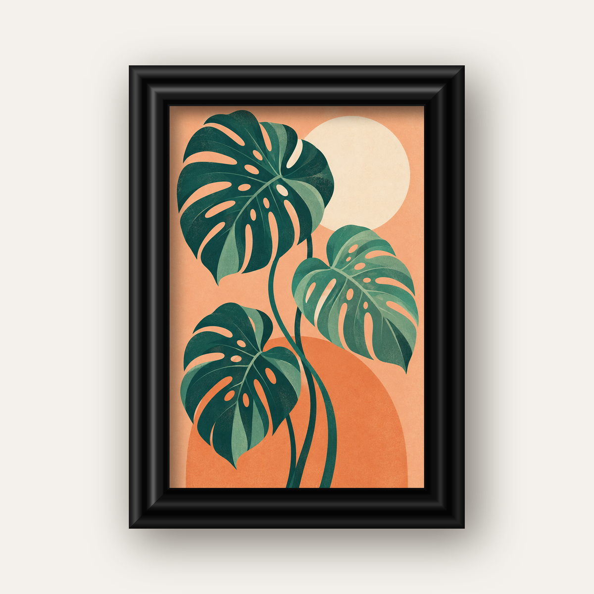 Monstera Yaprakları Minimal Dijital Poster – Modern Bitki Sanatı — siyah galeri çerçeveli
