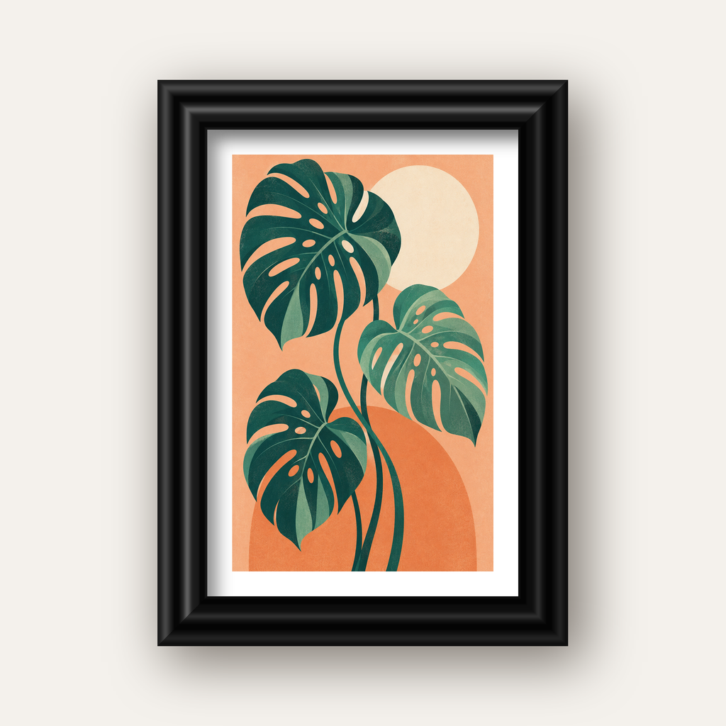 Monstera Yaprakları Minimal Dijital Poster – Modern Bitki Sanatı — siyah galeri çerçeveli paspartulu
