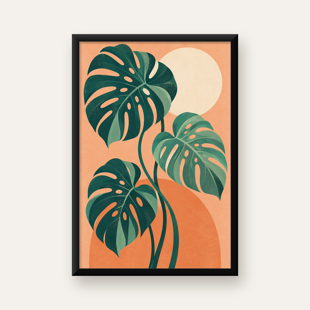 Monstera Yaprakları Minimal Dijital Poster – Modern Bitki Sanatı — Dikey baskı, düz siyah çerçeveli duvar posteri