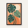 Monstera Yaprakları Minimal Dijital Poster – Modern Bitki Sanatı — Dikey baskı, düz siyah çerçeveli duvar posteri
