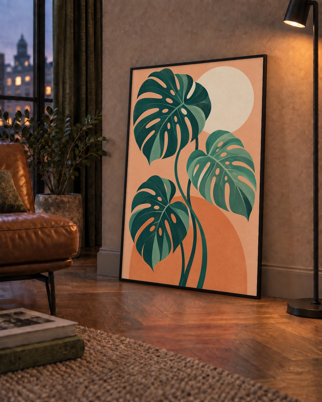 Monstera Yaprakları Minimal Dijital Poster – Modern Bitki Sanatı — çerçeveli hâliyle bir ev duvarında