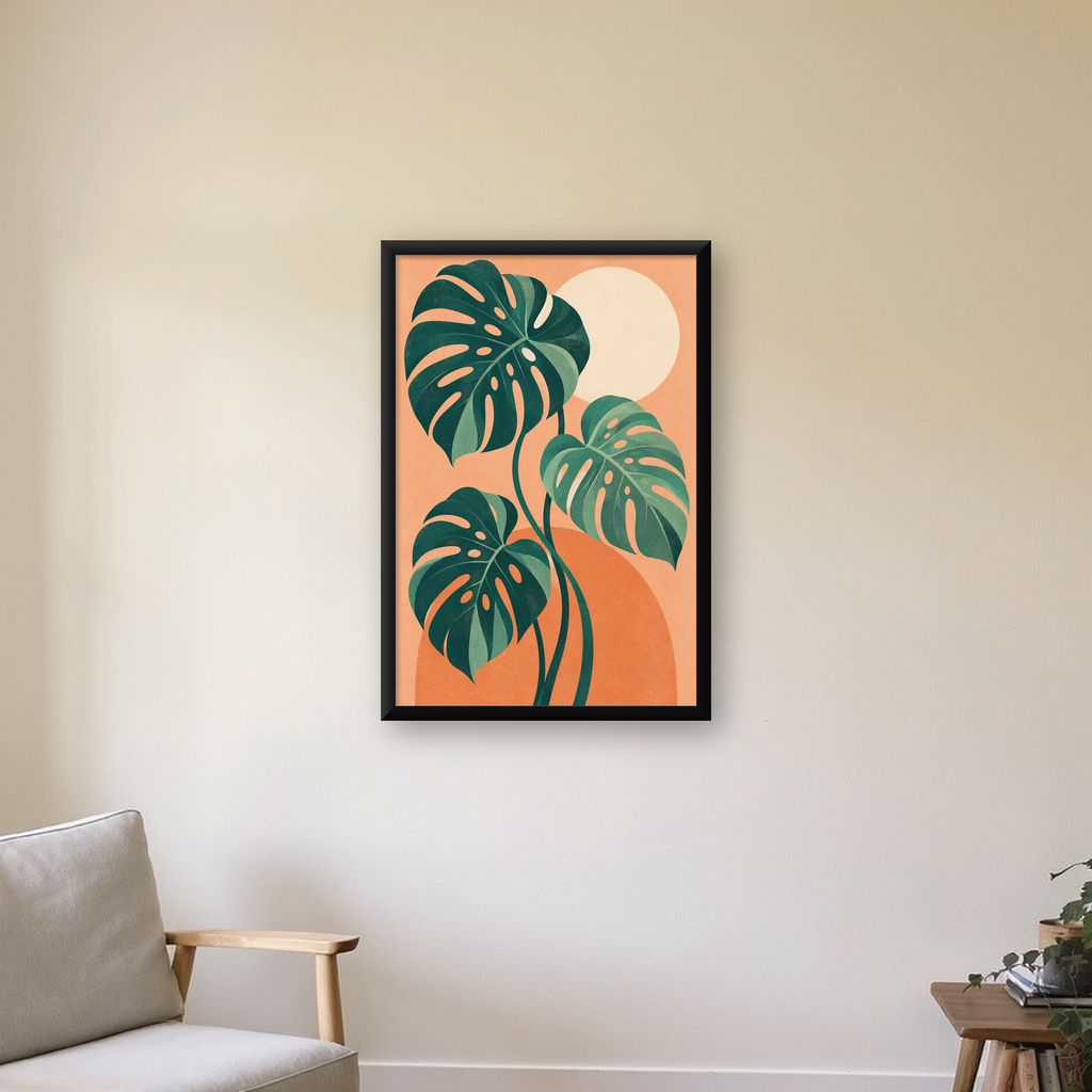 Monstera Yaprakları Minimal Dijital Poster – Modern Bitki Sanatı — Dikey baskı, çerçeveli hâliyle bir ev duvarında