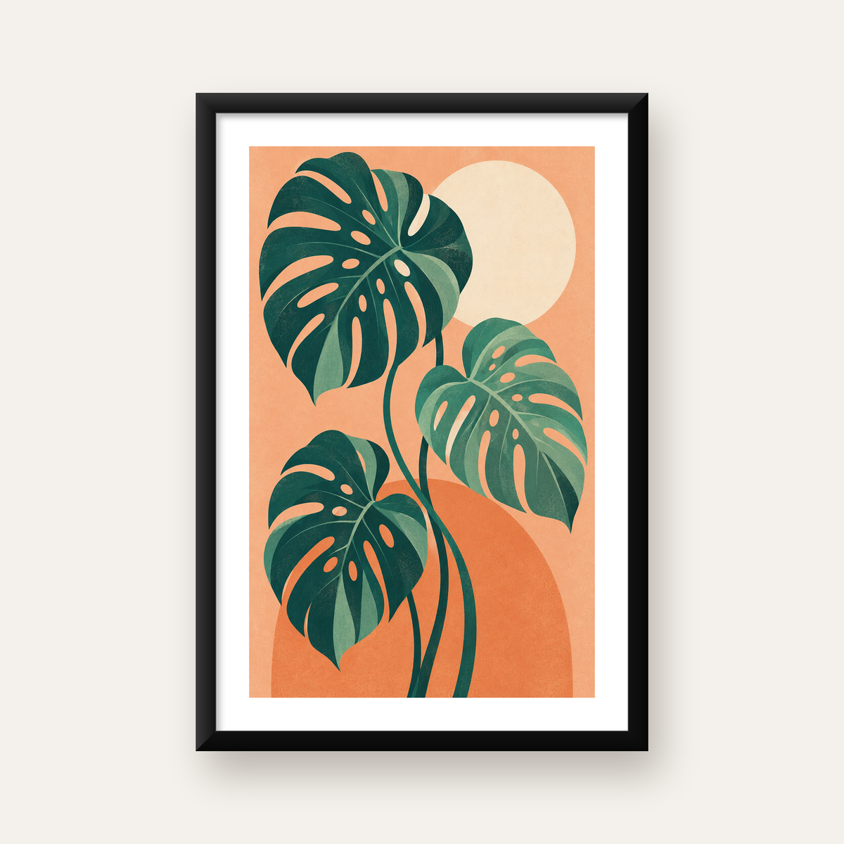 Monstera Yaprakları Minimal Dijital Poster – Modern Bitki Sanatı — Dikey baskı, beyaz paspartulu