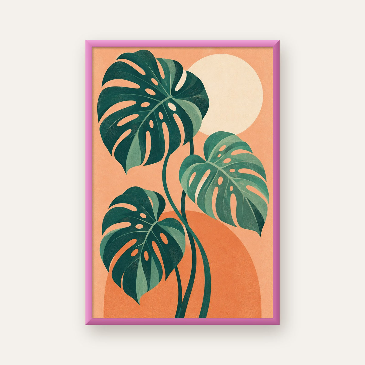 Monstera Yaprakları Minimal Dijital Poster – Modern Bitki Sanatı — pembe çerçeveli