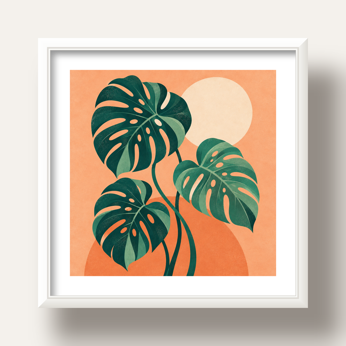 Monstera Yaprakları Minimal Dijital Poster – Modern Bitki Sanatı — beyaz derin çerçeveli paspartulu