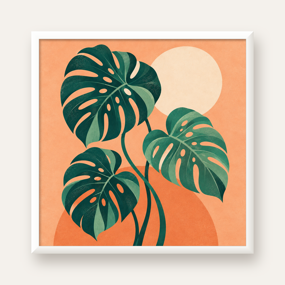 Monstera Yaprakları Minimal Dijital Poster – Modern Bitki Sanatı — beyaz çerçeveli kare poster