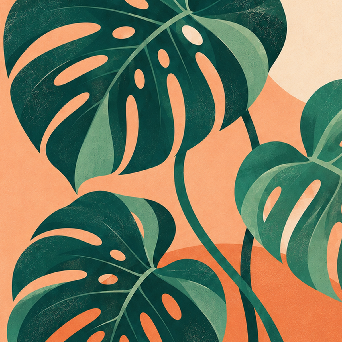 Monstera Yaprakları Minimal Dijital Poster – Modern Bitki Sanatı — baskının yakın çekimi, kâğıt dokusu ve renk detayı