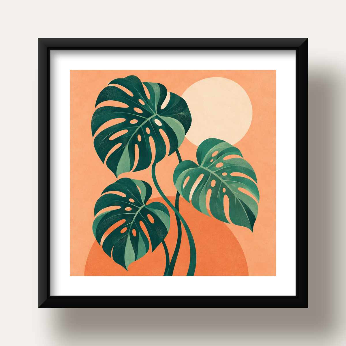Monstera Yaprakları Minimal Dijital Poster – Modern Bitki Sanatı — siyah derin çerçeveli paspartulu