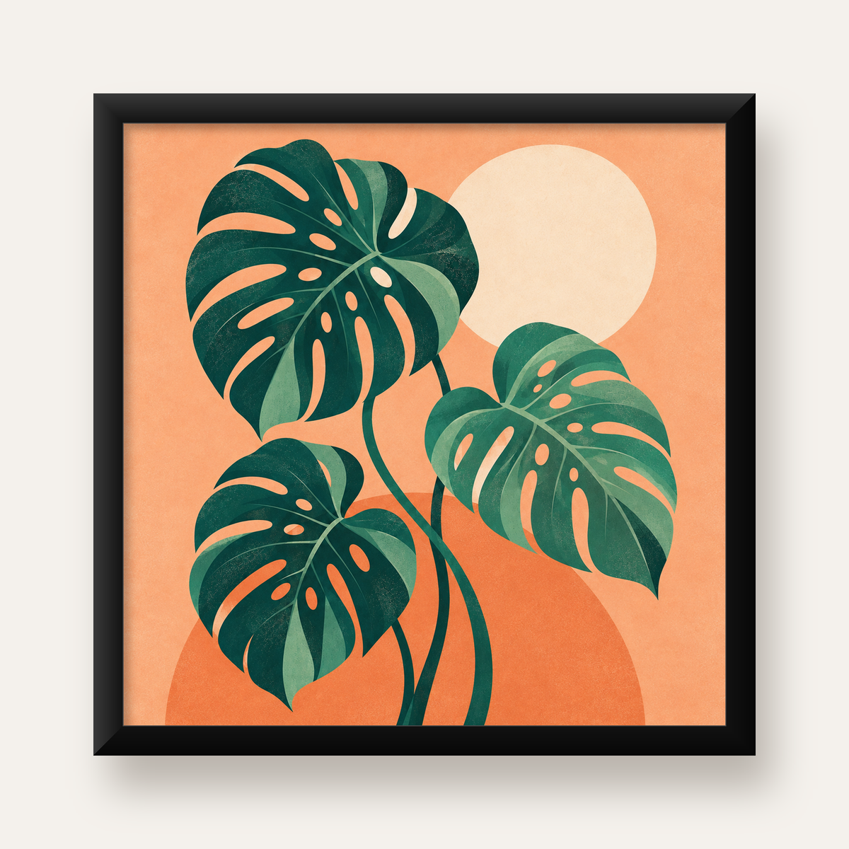 Monstera Yaprakları Minimal Dijital Poster – Modern Bitki Sanatı — Kare baskı, düz siyah çerçeveli duvar posteri