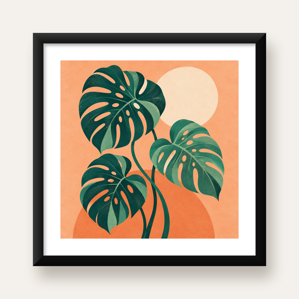 Monstera Yaprakları Minimal Dijital Poster – Modern Bitki Sanatı — Kare baskı, beyaz paspartulu