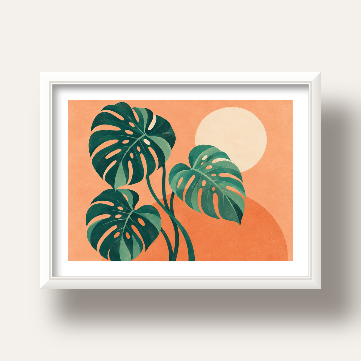 Monstera Yaprakları Minimal Dijital Poster – Modern Bitki Sanatı — beyaz derin çerçeveli paspartulu