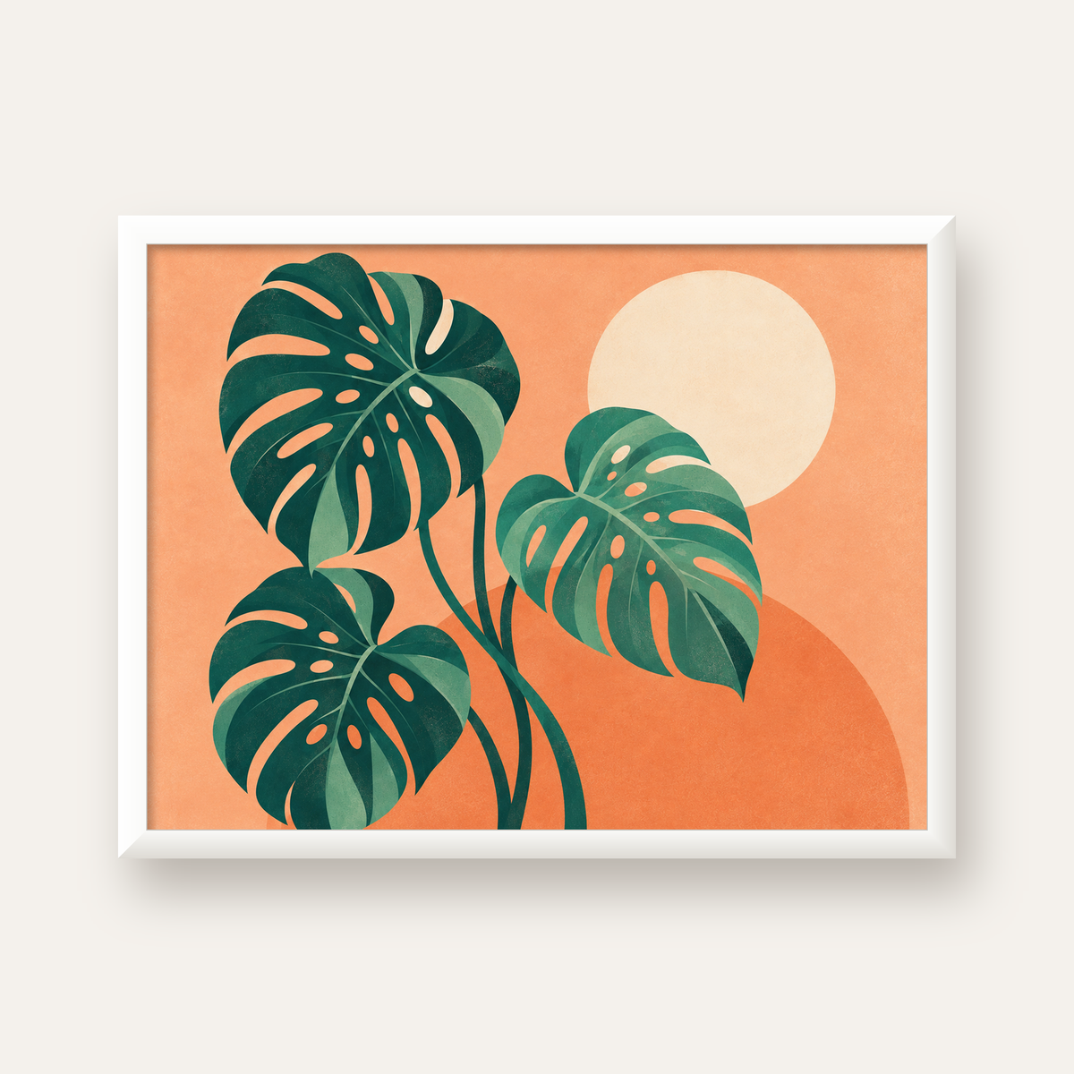 Monstera Yaprakları Minimal Dijital Poster – Modern Bitki Sanatı — beyaz çerçeveli yatay poster