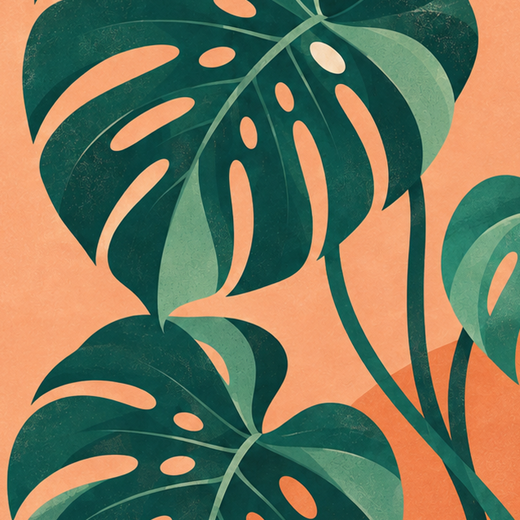Monstera Yaprakları Minimal Dijital Poster – Modern Bitki Sanatı — baskının yakın çekimi, kâğıt dokusu ve renk detayı