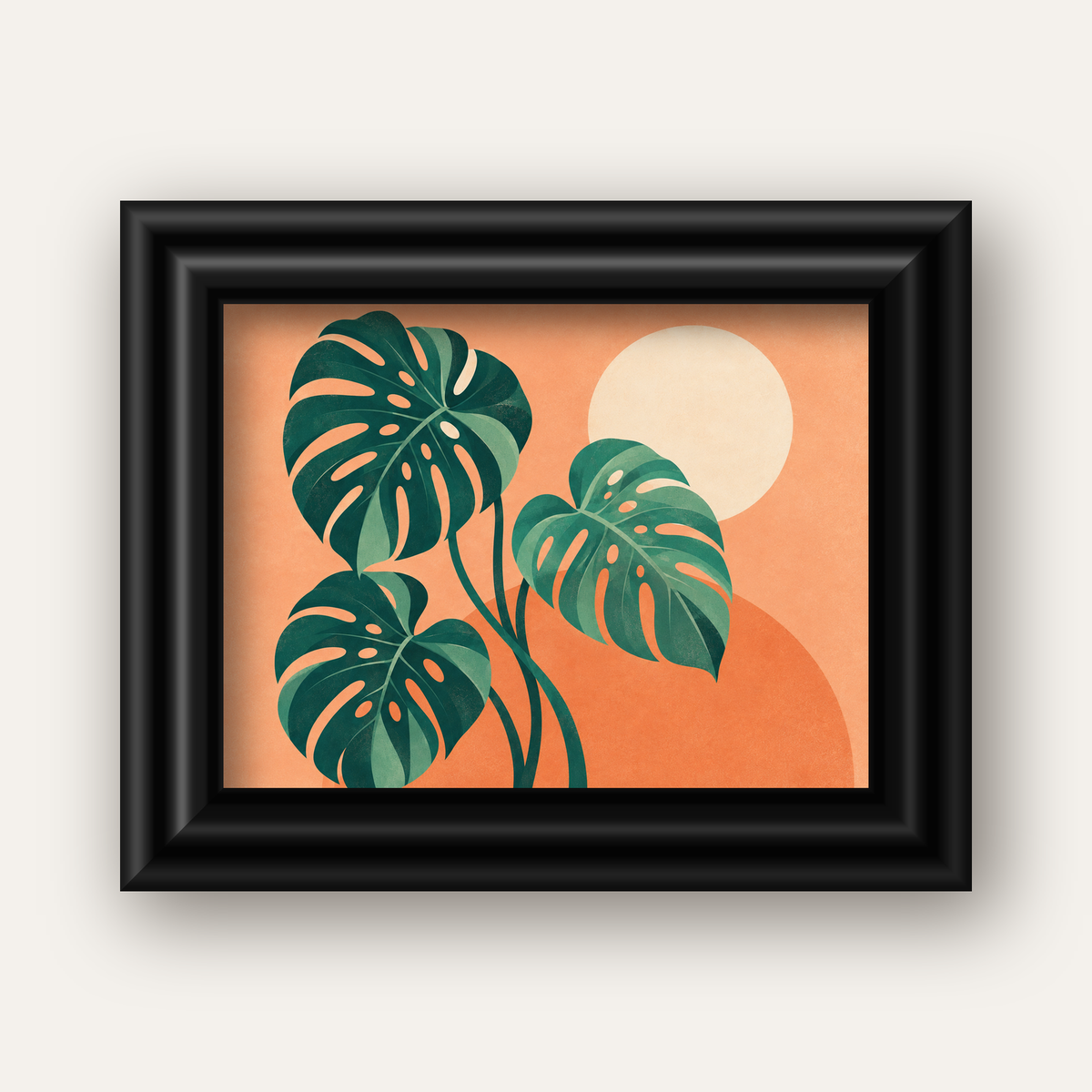 Monstera Yaprakları Minimal Dijital Poster – Modern Bitki Sanatı — siyah galeri çerçeveli
