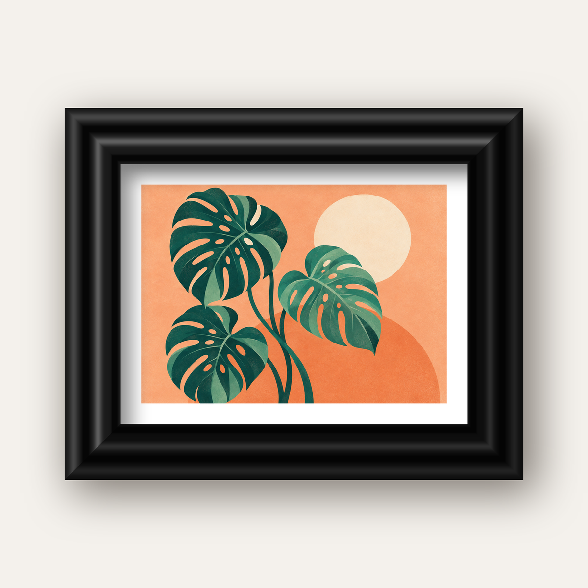 Monstera Yaprakları Minimal Dijital Poster – Modern Bitki Sanatı — siyah galeri çerçeveli paspartulu