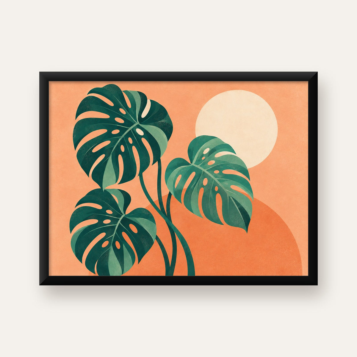 Monstera Yaprakları Minimal Dijital Poster – Modern Bitki Sanatı — Yatay baskı, düz siyah çerçeveli duvar posteri