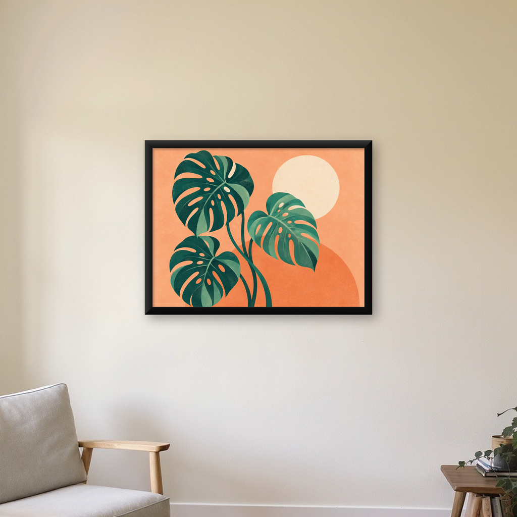 Monstera Yaprakları Minimal Dijital Poster – Modern Bitki Sanatı — Yatay baskı, çerçeveli hâliyle bir ev duvarında