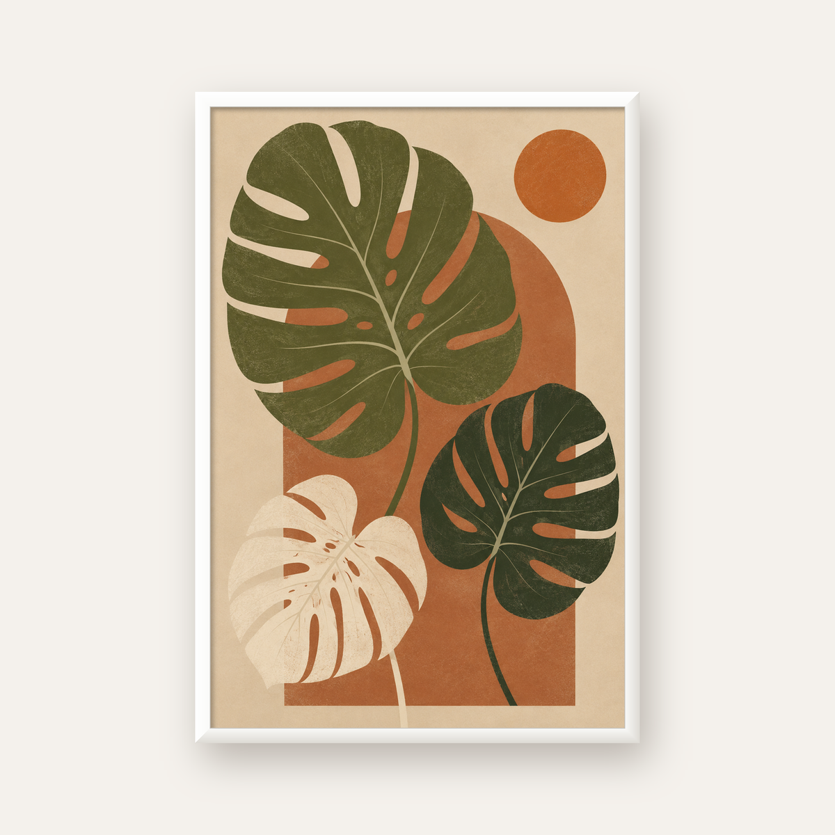 Minimalist Monstera Yaprakları Poster – Modern Duvar Dekoru — beyaz çerçeveli dikey poster