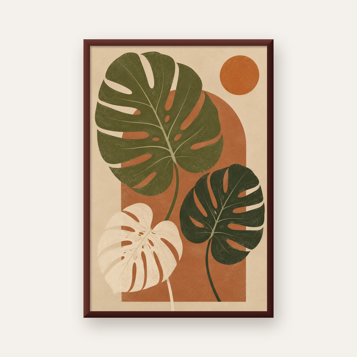 Minimalist Monstera Yaprakları Poster – Modern Duvar Dekoru — ceviz çerçeveli