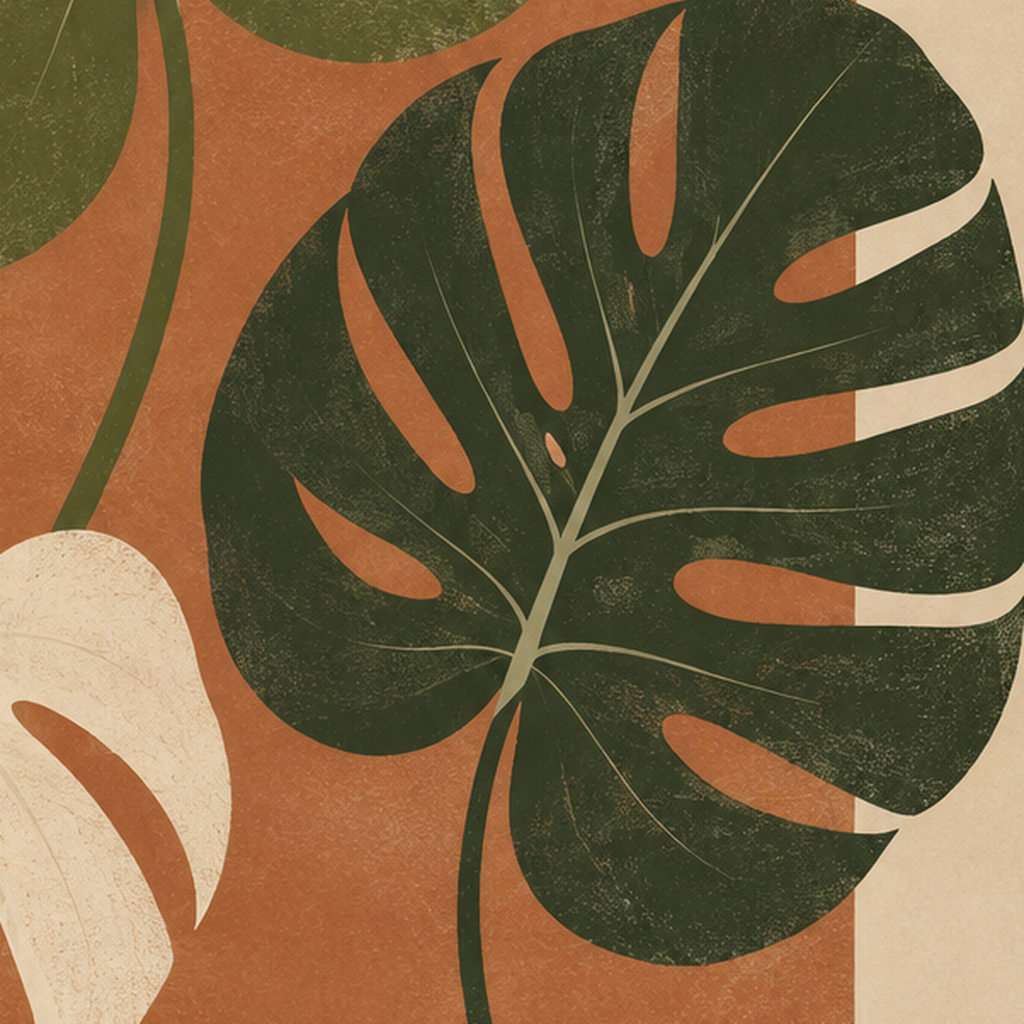 Minimalist Monstera Yaprakları Poster – Modern Duvar Dekoru — baskının yakın çekimi, kâğıt dokusu ve renk detayı