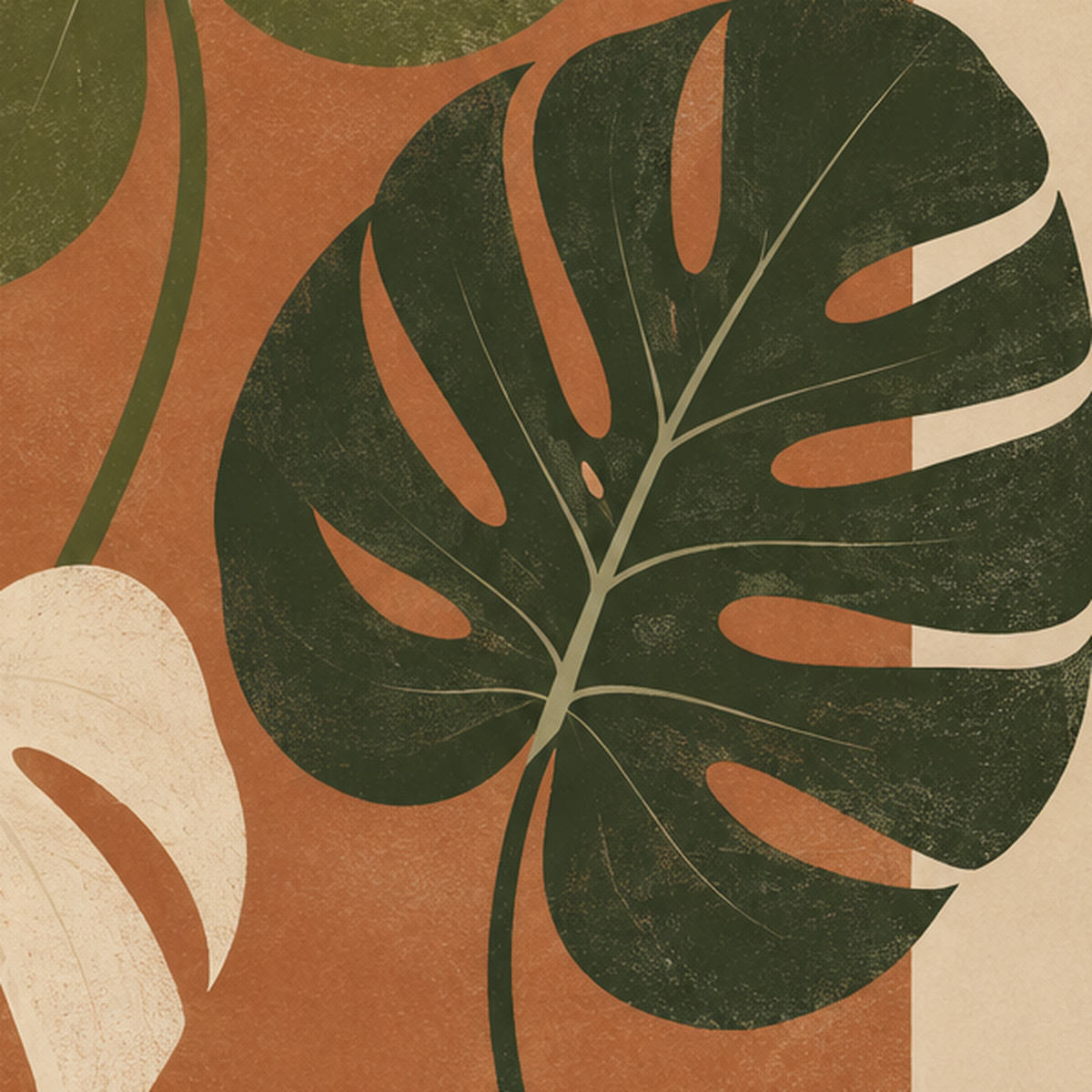 Minimalist Monstera Yaprakları Poster – Modern Duvar Dekoru — baskının yakın çekimi, kâğıt dokusu ve renk detayı