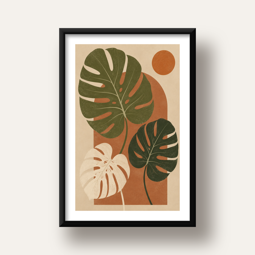 Minimalist Monstera Yaprakları Poster – Modern Duvar Dekoru — siyah derin çerçeveli paspartulu