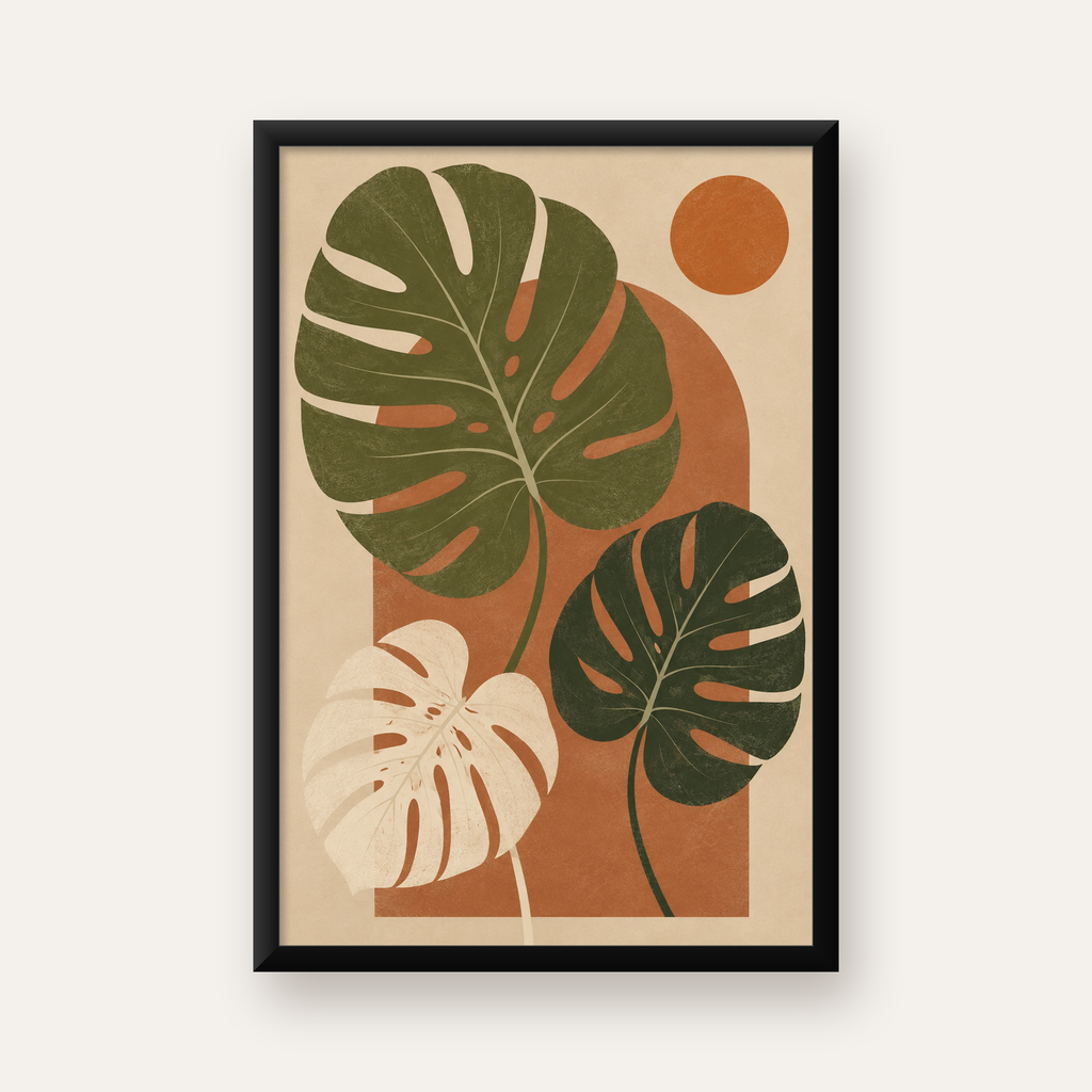 Minimalist Monstera Yaprakları Poster – Modern Duvar Dekoru — Dikey baskı, düz siyah çerçeveli duvar posteri